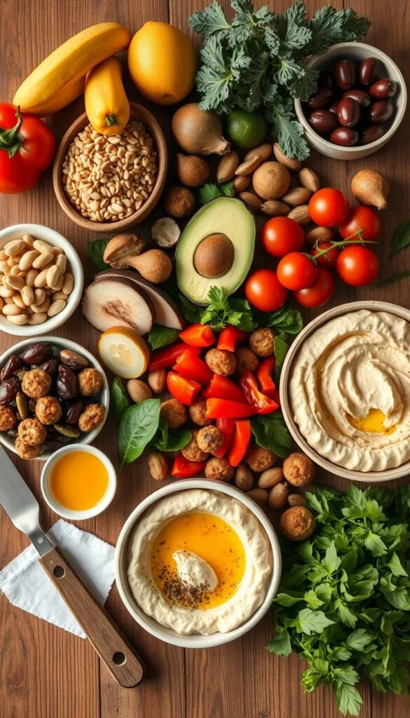 high resolution, high quality, ultra detailed, 8K, natural lighting, golden hour, studio shot, overhead view, flat lay, vegan mediterranean diet breakfast ideas, assortment of fresh vegetables, fruits, nuts, seeds, whole grains, olive oil, hummus, avocado, falafel, roasted red peppers, olives, tomatoes, cucumbers, artfully arranged on a rustic wooden table, warm earthy color palette, clean minimalist composition, soft focus background high resolution, high quality, ultra detailed, 8K, natural lighting, golden hour, studio shot, overhead view, flat lay, vegan mediterranean diet breakfast ideas, assortment of fresh vegetables, fruits, nuts, seeds, whole grains, olive oil, hummus, avocado, falafel, roasted red peppers, olives, tomatoes, cucumbers, artfully arranged on a rustic wooden table, warm earthy color palette, clean minimalist composition, soft focus background