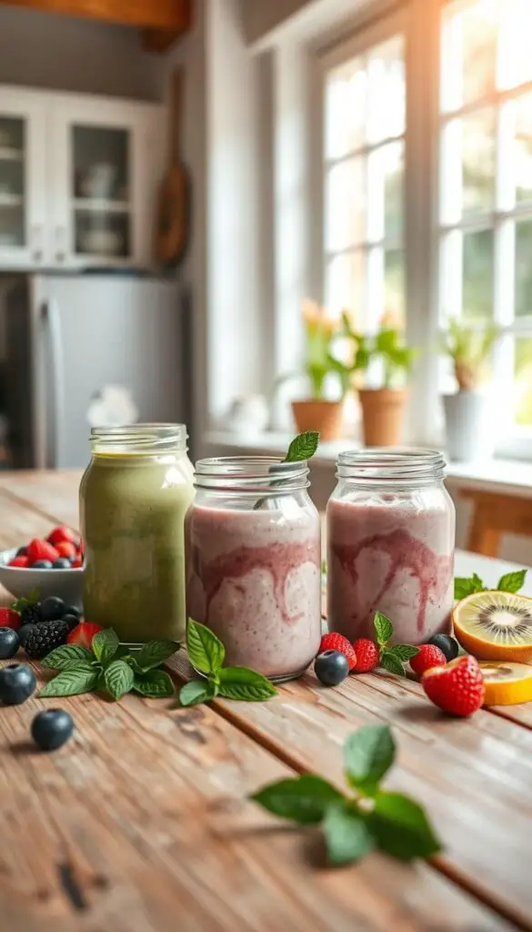 A bright, airy kitchen setting with a rustic wooden table. On the table, three glass jars filled with creamy Greek yogurt-based smoothies in shades of vibrant green, deep purple, and rich golden-yellow. Fresh berries, sliced kiwi, and sprigs of mint artfully arranged around the jars, creating a visually appealing and appetizing scene. Soft, diffused natural lighting filters in through large windows, casting a warm glow on the scene. The jars are shot from a slight overhead angle, showcasing their contents and the textural contrast between the smooth yogurt and the fresh fruit garnishes. An atmosphere of health, vitality, and culinary delight pervades the image. A bright, airy kitchen setting with a rustic wooden table. On the table, three glass jars filled with creamy Greek yogurt-based smoothies in shades of vibrant green, deep purple, and rich golden-yellow. Fresh berries, sliced kiwi, and sprigs of mint artfully arranged around the jars, creating a visually appealing and appetizing scene. Soft, diffused natural lighting filters in through large windows, casting a warm glow on the scene. The jars are shot from a slight overhead angle, showcasing their contents and the textural contrast between the smooth yogurt and the fresh fruit garnishes. An atmosphere of health, vitality, and culinary delight pervades the image.