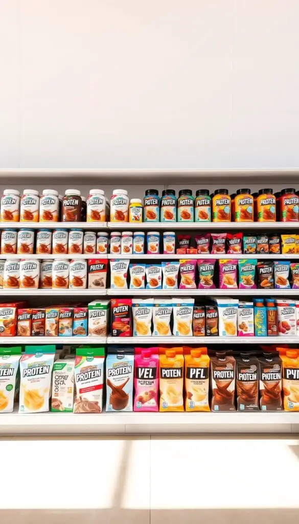 A brightly lit store shelf displaying an array of ready-to-drink protein options. The foreground features various protein shakes, bars, and drinks neatly arranged with clear labeling and vibrant packaging. The middle ground showcases a diverse selection of flavors, from classic chocolate and vanilla to more unique options like berry and mocha. The background is a clean, white wall, creating a minimalist and modern atmosphere. Warm, natural lighting illuminates the scene, highlighting the products' glossy textures and appealing colors. The overall composition conveys a sense of health, convenience, and an abundance of nourishing protein choices for the busy consumer. A brightly lit store shelf displaying an array of ready-to-drink protein options. The foreground features various protein shakes, bars, and drinks neatly arranged with clear labeling and vibrant packaging. The middle ground showcases a diverse selection of flavors, from classic chocolate and vanilla to more unique options like berry and mocha. The background is a clean, white wall, creating a minimalist and modern atmosphere. Warm, natural lighting illuminates the scene, highlighting the products' glossy textures and appealing colors. The overall composition conveys a sense of health, convenience, and an abundance of nourishing protein choices for the busy consumer.