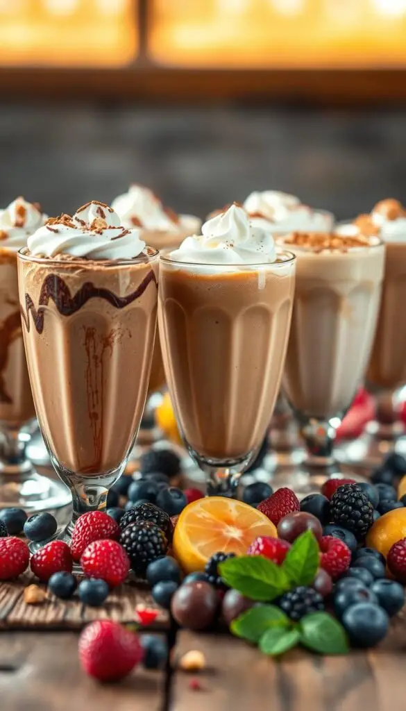 A delectable array of guilt-free dessert protein drinks, captured with a soft, dreamy lens against a backdrop of warm, golden lighting. In the foreground, tall glasses brimming with rich, creamy shakes in decadent flavors like chocolate, peanut butter, and vanilla. Swirls of whipped cream and sprinkles of cocoa powder or crushed nuts add a touch of indulgence. In the middle ground, a variety of fresh fruits and berries spill across a rustic wooden surface, complementing the drinks' vibrant colors. The overall scene evokes a sense of wholesome satisfaction, where nutritious meets delicious, perfect for fueling the day with a dash of sweetness. A delectable array of guilt-free dessert protein drinks, captured with a soft, dreamy lens against a backdrop of warm, golden lighting. In the foreground, tall glasses brimming with rich, creamy shakes in decadent flavors like chocolate, peanut butter, and vanilla. Swirls of whipped cream and sprinkles of cocoa powder or crushed nuts add a touch of indulgence. In the middle ground, a variety of fresh fruits and berries spill across a rustic wooden surface, complementing the drinks' vibrant colors. The overall scene evokes a sense of wholesome satisfaction, where nutritious meets delicious, perfect for fueling the day with a dash of sweetness.