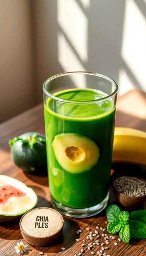 A glass container filled with an emerald-green protein smoothie, its vibrant hue accentuated by perfectly balanced ingredients. Suspended within the liquid, a medley of nutrient-dense superfoods - kale, spinach, avocado, banana, and a scoop of plant-based protein powder. Sunlight streams through the glass, casting a warm glow and highlighting the smooth, creamy texture. The container rests on a wooden table, surrounded by neatly arranged pieces of fresh fruit, chia seeds, and a sprig of mint, creating a harmonious, wellness-inspired scene. A sense of balance and vitality radiates from the image, inviting the viewer to indulge in a nourishing, revitalizing beverage. A glass container filled with an emerald-green protein smoothie, its vibrant hue accentuated by perfectly balanced ingredients. Suspended within the liquid, a medley of nutrient-dense superfoods - kale, spinach, avocado, banana, and a scoop of plant-based protein powder. Sunlight streams through the glass, casting a warm glow and highlighting the smooth, creamy texture. The container rests on a wooden table, surrounded by neatly arranged pieces of fresh fruit, chia seeds, and a sprig of mint, creating a harmonious, wellness-inspired scene. A sense of balance and vitality radiates from the image, inviting the viewer to indulge in a nourishing, revitalizing beverage.