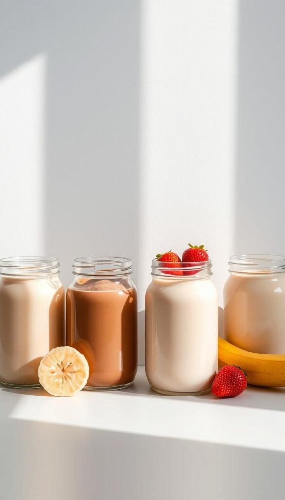 A neatly arranged display of glass jars filled with various protein shake flavors, including classic vanilla, chocolate, strawberry, and banana. The jars are set against a plain white background, casting soft shadows and illuminated by natural light filtering in from the side. The shakes have a creamy, smooth texture, and the colors are vibrant and appetizing. The overall composition has a clean, minimalist aesthetic, highlighting the products as the central focus. The setup conveys a sense of quality, health, and a commitment to nourishing the body. A neatly arranged display of glass jars filled with various protein shake flavors, including classic vanilla, chocolate, strawberry, and banana. The jars are set against a plain white background, casting soft shadows and illuminated by natural light filtering in from the side. The shakes have a creamy, smooth texture, and the colors are vibrant and appetizing. The overall composition has a clean, minimalist aesthetic, highlighting the products as the central focus. The setup conveys a sense of quality, health, and a commitment to nourishing the body.