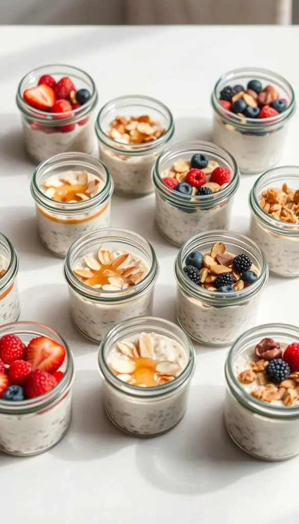 A table filled with portable glass containers holding overnight protein oats. The containers are arranged neatly, with different flavors and toppings visible through the transparent glass. Soft, natural lighting illuminates the scene, highlighting the rich, creamy texture of the oats and the vibrant, colorful toppings like fresh berries, sliced almonds, and a drizzle of honey. The containers are set against a neutral, minimalist background, allowing the nourishing oats to take center stage. The overall atmosphere conveys a sense of wholesome, on-the-go sustenance, perfect for fueling the day. A table filled with portable glass containers holding overnight protein oats. The containers are arranged neatly, with different flavors and toppings visible through the transparent glass. Soft, natural lighting illuminates the scene, highlighting the rich, creamy texture of the oats and the vibrant, colorful toppings like fresh berries, sliced almonds, and a drizzle of honey. The containers are set against a neutral, minimalist background, allowing the nourishing oats to take center stage. The overall atmosphere conveys a sense of wholesome, on-the-go sustenance, perfect for fueling the day.