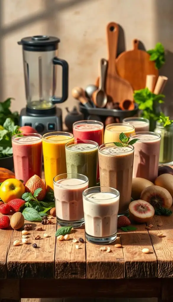 A vibrant still life of various plant-based protein drink blends, artfully arranged on a rustic wooden table. In the foreground, a selection of colorful smoothie glasses filled with creamy, nutrient-dense concoctions made from plant-based protein sources such as pea, hemp, and almond. Beside them, a collection of fresh fruits, leafy greens, and superfoods used as mix-ins, casting soft shadows under the warm, natural lighting. In the middle ground, a blender and various measuring cups and spoons, suggesting the process of crafting these nourishing beverages. The background features a minimalist, earthy-toned backdrop, allowing the vibrant colors and textures of the drinks to take center stage. The overall composition conveys a sense of health, vitality, and plant-based power. A vibrant still life of various plant-based protein drink blends, artfully arranged on a rustic wooden table. In the foreground, a selection of colorful smoothie glasses filled with creamy, nutrient-dense concoctions made from plant-based protein sources such as pea, hemp, and almond. Beside them, a collection of fresh fruits, leafy greens, and superfoods used as mix-ins, casting soft shadows under the warm, natural lighting. In the middle ground, a blender and various measuring cups and spoons, suggesting the process of crafting these nourishing beverages. The background features a minimalist, earthy-toned backdrop, allowing the vibrant colors and textures of the drinks to take center stage. The overall composition conveys a sense of health, vitality, and plant-based power.