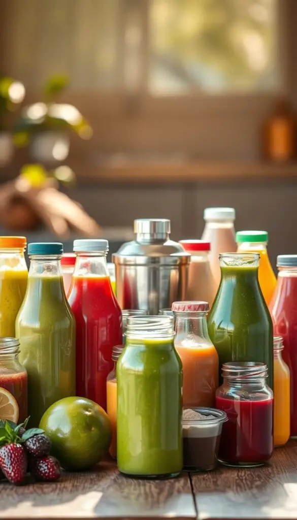 A vibrant still life scene of an assortment of protein-rich drinks on a wooden table. In the foreground, an array of bottled beverages in various shades of green, red, and yellow, including protein-infused smoothies, shakes, and juices. The middle ground features a stainless steel protein shaker and a scoop of protein powder, conveying the functional nature of these nourishing drinks. The background is softly blurred, highlighting the focus on the central elements. Warm, natural lighting bathes the scene, creating a sense of energy and vitality. The overall composition evokes a balanced, healthy, and energizing atmosphere. A vibrant still life scene of an assortment of protein-rich drinks on a wooden table. In the foreground, an array of bottled beverages in various shades of green, red, and yellow, including protein-infused smoothies, shakes, and juices. The middle ground features a stainless steel protein shaker and a scoop of protein powder, conveying the functional nature of these nourishing drinks. The background is softly blurred, highlighting the focus on the central elements. Warm, natural lighting bathes the scene, creating a sense of energy and vitality. The overall composition evokes a balanced, healthy, and energizing atmosphere.