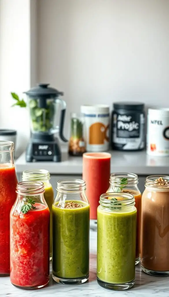 A well-lit kitchen counter showcases an assortment of post-workout protein drinks. In the foreground, there are several glass bottles and tall glasses filled with vibrant shakes in hues of red, green, and brown. The drinks are garnished with fresh fruit, leafy greens, and a sprinkle of nuts or seeds, creating a visually appealing and nutritious display. In the middle ground, a blender and various protein powder containers hint at the preparation process. The background features a clean, minimalist backdrop, allowing the drinks to take center stage and convey a sense of health, recovery, and active lifestyle. The lighting is soft and natural, casting gentle shadows and highlighting the textures and colors of the ingredients. The overall composition is balanced, inviting, and reflects the nourishing nature of these post-workout protein drinks. A well-lit kitchen counter showcases an assortment of post-workout protein drinks. In the foreground, there are several glass bottles and tall glasses filled with vibrant shakes in hues of red, green, and brown. The drinks are garnished with fresh fruit, leafy greens, and a sprinkle of nuts or seeds, creating a visually appealing and nutritious display. In the middle ground, a blender and various protein powder containers hint at the preparation process. The background features a clean, minimalist backdrop, allowing the drinks to take center stage and convey a sense of health, recovery, and active lifestyle. The lighting is soft and natural, casting gentle shadows and highlighting the textures and colors of the ingredients. The overall composition is balanced, inviting, and reflects the nourishing nature of these post-workout protein drinks.