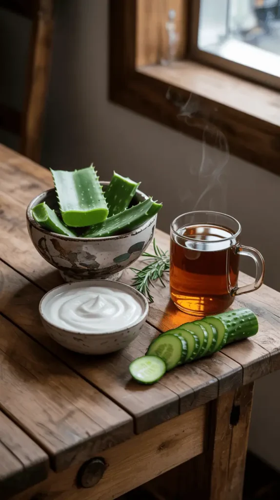 A close-up, high-resolution photograph of a lush, green aloe vera plant, its thick, fleshy leaves glistening with a soothing, transparent gel. The plant is set against a soft, out-of-focus background, creating a calming and natural atmosphere. Warm, diffused sunlight illuminates the scene, casting subtle shadows and highlights that accentuate the plant's organic textures and vibrant color. The composition is balanced, with the aloe vera plant occupying the center of the frame, filling the majority of the image. The lighting and focus create a sense of depth, drawing the viewer's attention to the aloe vera's healing properties, ready to soothe and relieve sunburned skin.