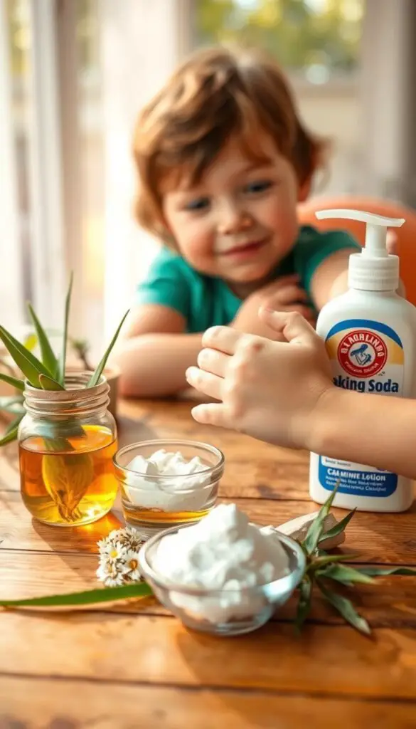 A cozy scene of children's remedies for mosquito bites, set against a warm, soft-focus backdrop. In the foreground, an assortment of natural treatments - aloe vera leaves, chamomile tea, baking soda, and calamine lotion - are arranged on a wooden surface. In the middle ground, a child's hand gently applies one of the remedies to a mosquito-bitten arm, their expression one of relief. The background features a blurred, sun-dappled outdoor setting, hinting at the summertime source of the irritating bites. The lighting is natural and diffused, creating a soothing, nurturing atmosphere. The overall composition conveys a sense of care, comfort, and natural healing. A cozy scene of children's remedies for mosquito bites, set against a warm, soft-focus backdrop. In the foreground, an assortment of natural treatments - aloe vera leaves, chamomile tea, baking soda, and calamine lotion - are arranged on a wooden surface. In the middle ground, a child's hand gently applies one of the remedies to a mosquito-bitten arm, their expression one of relief. The background features a blurred, sun-dappled outdoor setting, hinting at the summertime source of the irritating bites. The lighting is natural and diffused, creating a soothing, nurturing atmosphere. The overall composition conveys a sense of care, comfort, and natural healing.