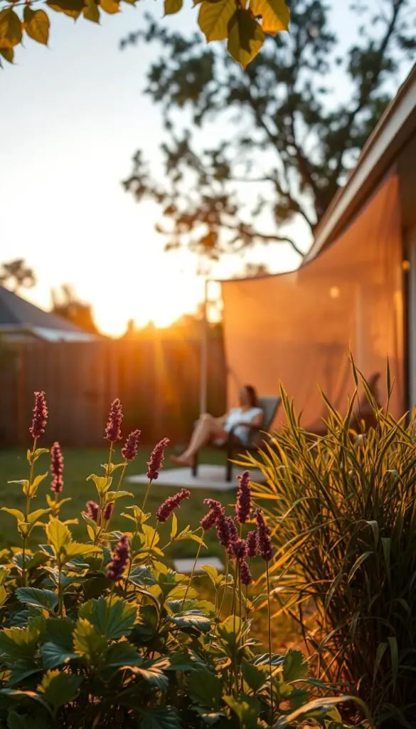 A peaceful suburban backyard on a summer evening. In the foreground, a variety of mosquito-repelling plants - citronella, lavender, and lemongrass - grow in a well-tended garden. A warm, golden light filters through the leaves, casting soft shadows. In the middle ground, a person sits on a patio chair, protected by a sheer mesh screen that blends seamlessly into the scene. The background features a wooden fence, beyond which a few fireflies flicker in the dusk. The overall atmosphere is one of tranquility and effective, natural mosquito prevention. A peaceful suburban backyard on a summer evening. In the foreground, a variety of mosquito-repelling plants - citronella, lavender, and lemongrass - grow in a well-tended garden. A warm, golden light filters through the leaves, casting soft shadows. In the middle ground, a person sits on a patio chair, protected by a sheer mesh screen that blends seamlessly into the scene. The background features a wooden fence, beyond which a few fireflies flicker in the dusk. The overall atmosphere is one of tranquility and effective, natural mosquito prevention.