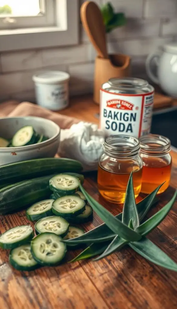 A rustic kitchen counter top with various natural remedies for mosquito bites laid out, including sliced cucumbers, a bowl of baking soda, a jar of honey, and some fresh aloe vera leaves. Soft, warm lighting casts a cozy glow over the scene, highlighting the textures and colors of the natural ingredients. The composition is balanced, with the items arranged in an appealing, symmetrical layout. The overall mood is one of simplicity, effectiveness, and a connection to nature's solutions for common ailments. A rustic kitchen counter top with various natural remedies for mosquito bites laid out, including sliced cucumbers, a bowl of baking soda, a jar of honey, and some fresh aloe vera leaves. Soft, warm lighting casts a cozy glow over the scene, highlighting the textures and colors of the natural ingredients. The composition is balanced, with the items arranged in an appealing, symmetrical layout. The overall mood is one of simplicity, effectiveness, and a connection to nature's solutions for common ailments.