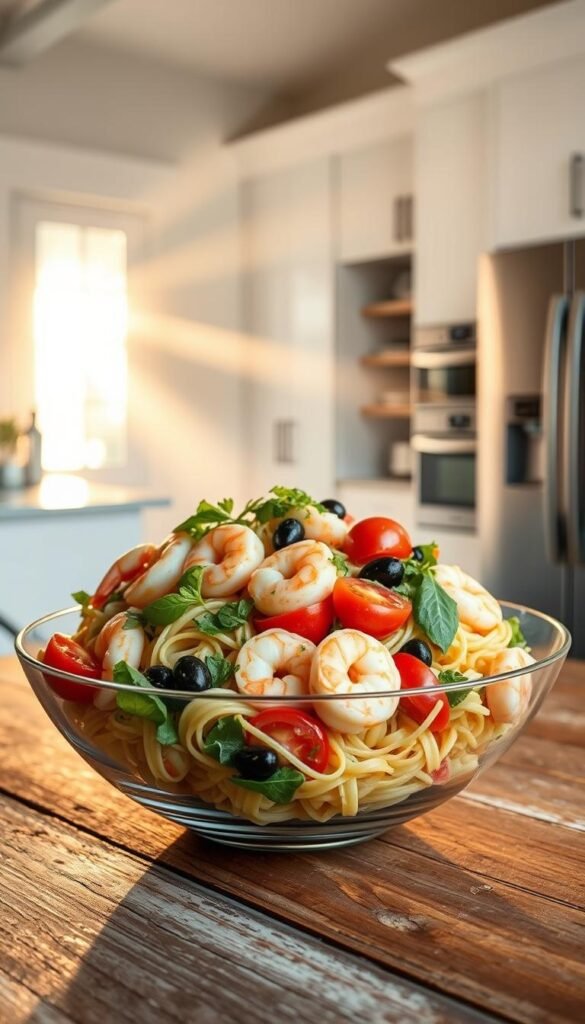 Mediterranean shrimp pasta salad storage and serving