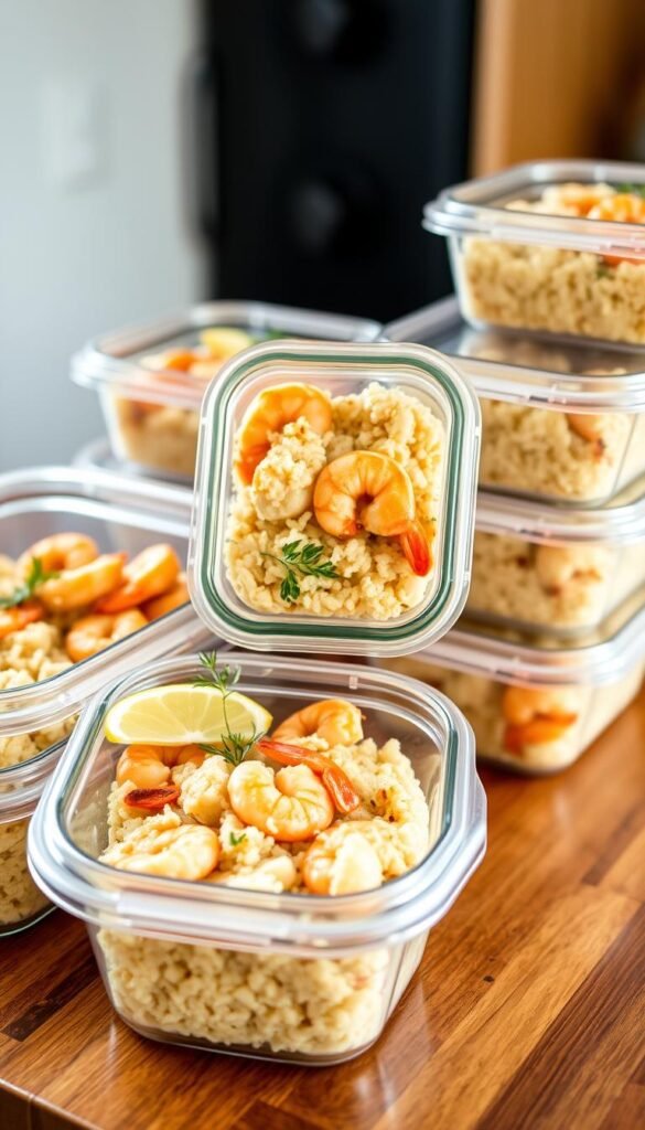 meal prep storage containers with shrimp cauliflower casserole