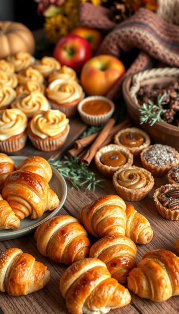 A bountiful arrangement of autumn-inspired desserts, artfully displayed on a rustic wooden table. In the foreground, a selection of crisp, golden-brown crescent rolls shaped like candy corn, their flaky layers glistening under soft, warm lighting. Surrounding them, an array of creative variations - pumpkin spice cupcakes with swirls of cream cheese frosting, caramel-drizzled apple tartlets, and bite-sized pecan pie bars dusted with cinnamon. In the middle ground, a mix of vibrant, seasonal produce - sliced apples, cinnamon sticks, and sprigs of fresh rosemary - lend a touch of natural elegance. The background features a cozy, autumnal setting, with a plaid blanket and knitted throw adding a touch of rustic charm. The overall mood is one of warmth, comfort, and the joy of fall's abundant flavors.