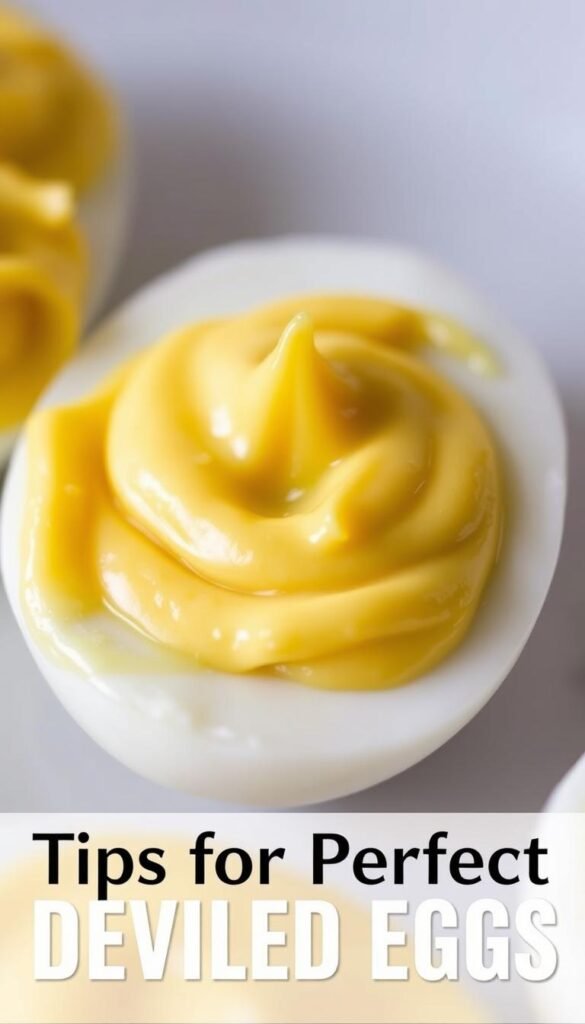 A close-up, high-resolution image of a creamy, golden yolk mixture. The mixture is smooth and glossy, with a rich, velvety texture. Captured in soft, natural lighting that gently illuminates the vibrant color and subtle sheen of the yolks. The composition places the yolk mixture in the center of the frame, filling the majority of the image. The background is blurred and out of focus, creating a clean, minimalist aesthetic that allows the yolks to be the sole focal point. The overall mood is one of culinary elegance and appetizing allure, perfectly capturing the essence of the "Tips for Perfect Deviled Eggs" section. A close-up, high-resolution image of a creamy, golden yolk mixture. The mixture is smooth and glossy, with a rich, velvety texture. Captured in soft, natural lighting that gently illuminates the vibrant color and subtle sheen of the yolks. The composition places the yolk mixture in the center of the frame, filling the majority of the image. The background is blurred and out of focus, creating a clean, minimalist aesthetic that allows the yolks to be the sole focal point. The overall mood is one of culinary elegance and appetizing allure, perfectly capturing the essence of the "Tips for Perfect Deviled Eggs" section.