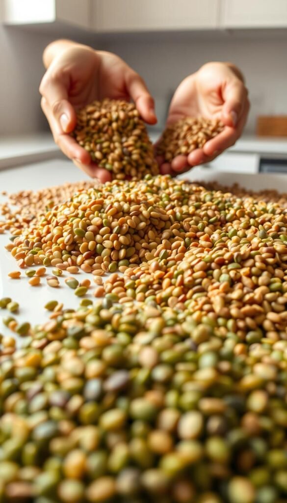 A close-up, high-resolution image of various lentil preparation techniques. In the foreground, a variety of lentil types are showcased, including green, brown, and red lentils. In the middle ground, hands are gently rinsing and sorting the lentils, removing any impurities. The background features a minimalist, clean kitchen countertop with natural lighting filtering in, creating a warm, inviting atmosphere. The focus is on the tactile, hands-on process of preparing lentils for a delicious, texture-rich bolognese sauce. The image conveys a sense of care, attention to detail, and the importance of proper lentil preparation for achieving the best possible results. A close-up, high-resolution image of various lentil preparation techniques. In the foreground, a variety of lentil types are showcased, including green, brown, and red lentils. In the middle ground, hands are gently rinsing and sorting the lentils, removing any impurities. The background features a minimalist, clean kitchen countertop with natural lighting filtering in, creating a warm, inviting atmosphere. The focus is on the tactile, hands-on process of preparing lentils for a delicious, texture-rich bolognese sauce. The image conveys a sense of care, attention to detail, and the importance of proper lentil preparation for achieving the best possible results.