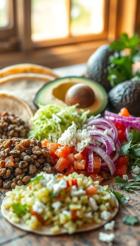 A close-up photograph of an assortment of lentil taco ingredients spread out on a rustic wooden surface. In the foreground, neatly arranged piles of cooked lentils, diced tomatoes, shredded lettuce, sliced red onion, and crumbled queso fresco. Behind them, a large, ripe avocado halved and scooped out, its creamy flesh ready to be mashed into a tantalizing topping. Soft corn tortillas and a sprinkling of cilantro leaves complete the scene, illuminated by warm, natural lighting from a large window. The overall mood is one of fresh, wholesome ingredients ready to be assembled into a delicious and satisfying lentil taco. A close-up photograph of an assortment of lentil taco ingredients spread out on a rustic wooden surface. In the foreground, neatly arranged piles of cooked lentils, diced tomatoes, shredded lettuce, sliced red onion, and crumbled queso fresco. Behind them, a large, ripe avocado halved and scooped out, its creamy flesh ready to be mashed into a tantalizing topping. Soft corn tortillas and a sprinkling of cilantro leaves complete the scene, illuminated by warm, natural lighting from a large window. The overall mood is one of fresh, wholesome ingredients ready to be assembled into a delicious and satisfying lentil taco.