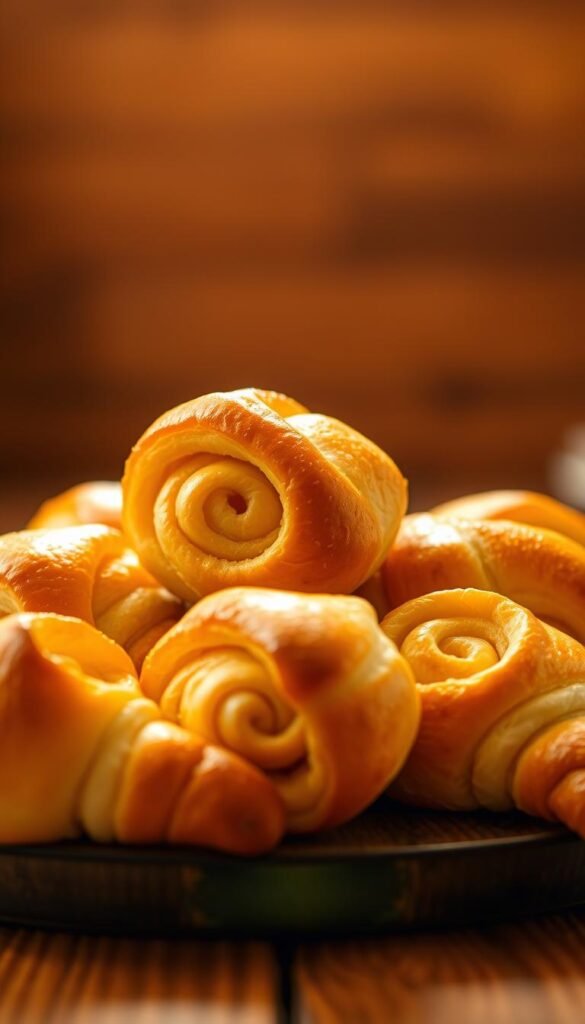 A close-up shot of freshly baked, golden brown crescent rolls on a rustic wooden surface. The rolls have a flaky, buttery exterior and a soft, pillowy interior. Warm light from above casts a gentle glow, highlighting the intricate, spiraled shape and delicate texture of the rolls. The background is slightly blurred, creating a focal point on the enticing, appetizing crescent rolls in the center of the frame.