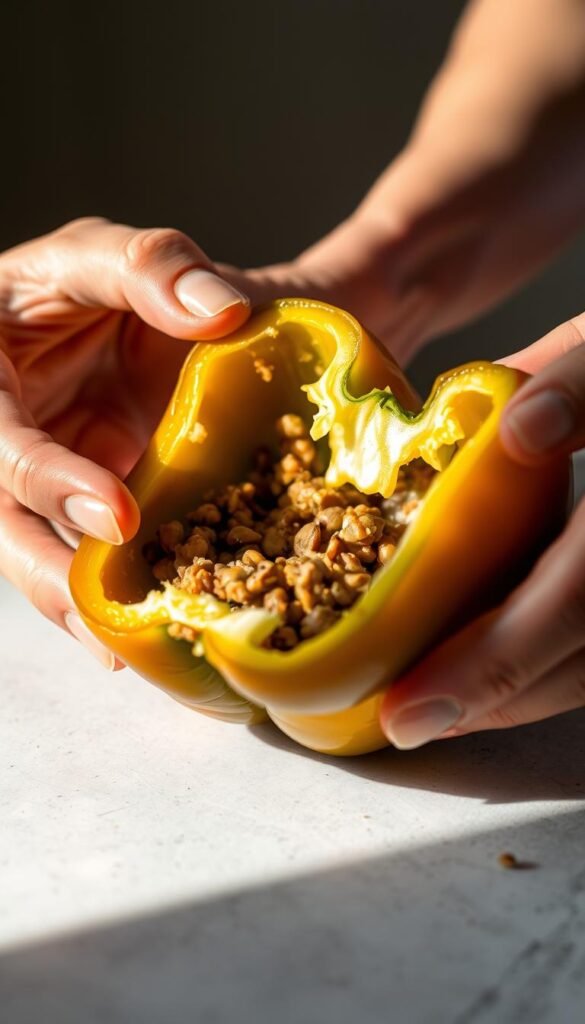 A close-up view of a person's hands carefully repairing and stuffing a hollowed-out bell pepper. The pepper is halved, revealing its lentil and quinoa filling. Soft, diffused lighting from the side illuminates the intricate process, casting delicate shadows. The background is blurred, keeping the focus on the hands gently patting down the filling and sealing the pepper back together. The mood is one of concentration and care, as the person troubleshoots the common issues of properly stuffing and cooking the lentil and quinoa-filled peppers. A close-up view of a person's hands carefully repairing and stuffing a hollowed-out bell pepper. The pepper is halved, revealing its lentil and quinoa filling. Soft, diffused lighting from the side illuminates the intricate process, casting delicate shadows. The background is blurred, keeping the focus on the hands gently patting down the filling and sealing the pepper back together. The mood is one of concentration and care, as the person troubleshoots the common issues of properly stuffing and cooking the lentil and quinoa-filled peppers.