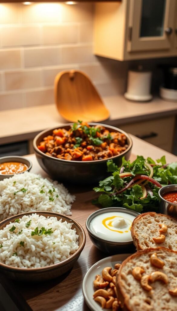 A cozy kitchen counter, bathed in warm, diffused lighting from overhead. At the center, a bountiful spread of serving suggestions for the Curried Lentil and Sweet Potato Stew: fluffy basmati rice, garnished with chopped cilantro; a crisp, fresh salad dressed in a tangy lemon-tahini vinaigrette; and thick slices of crusty, artisanal bread, glistening with melted butter. Complementing the main dish, a selection of condiments - tangy mango chutney, cooling raita, and toasted, spiced cashews - arranged artfully around the edges. The overall scene exudes a comforting, homey atmosphere, inviting the viewer to imagine themselves savoring this nourishing, flavorful stew. A cozy kitchen counter, bathed in warm, diffused lighting from overhead. At the center, a bountiful spread of serving suggestions for the Curried Lentil and Sweet Potato Stew: fluffy basmati rice, garnished with chopped cilantro; a crisp, fresh salad dressed in a tangy lemon-tahini vinaigrette; and thick slices of crusty, artisanal bread, glistening with melted butter. Complementing the main dish, a selection of condiments - tangy mango chutney, cooling raita, and toasted, spiced cashews - arranged artfully around the edges. The overall scene exudes a comforting, homey atmosphere, inviting the viewer to imagine themselves savoring this nourishing, flavorful stew.