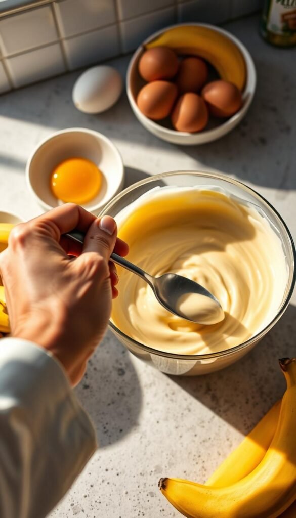 A crisp, well-lit kitchen countertop showcases an array of baking ingredients, including ripe bananas, eggs, and a mixing bowl filled with a silky, custard-like banana pudding. The texture appears smooth and creamy, with a slight sheen, hinting at the perfect consistency. In the foreground, a chef's hand gently runs a spoon through the pudding, investigating for any signs of separation or graininess. The scene is bathed in warm, directional lighting, casting subtle shadows and highlights that accentuate the pudding's luxurious texture. The overall mood is one of a culinary professional troubleshooting and refining a beloved recipe, striving for the ultimate in protein-packed, banana-flavored perfection.