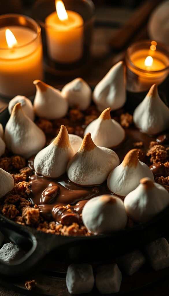 A delectable s'mores dip, simmering in a rustic cast-iron skillet, surrounded by fluffy, ghostly white marshmallows. The graham cracker crumbs form a rich, golden base, while melted milk chocolate oozes temptingly throughout. Flickering candlelight casts a warm, inviting glow, creating an irresistible, haunting atmosphere. Crisp, golden-brown marshmallow peaks rise from the molten chocolate, casting dramatic shadows. The scene is shot from a low angle, emphasizing the cozy, inviting nature of this spooky-yet-delicious treat. Soft, diffused lighting enhances the velvety texture of the marshmallows and the sheen of the chocolate, drawing the viewer in for a closer look. A delectable s'mores dip, simmering in a rustic cast-iron skillet, surrounded by fluffy, ghostly white marshmallows. The graham cracker crumbs form a rich, golden base, while melted milk chocolate oozes temptingly throughout. Flickering candlelight casts a warm, inviting glow, creating an irresistible, haunting atmosphere. Crisp, golden-brown marshmallow peaks rise from the molten chocolate, casting dramatic shadows. The scene is shot from a low angle, emphasizing the cozy, inviting nature of this spooky-yet-delicious treat. Soft, diffused lighting enhances the velvety texture of the marshmallows and the sheen of the chocolate, drawing the viewer in for a closer look.