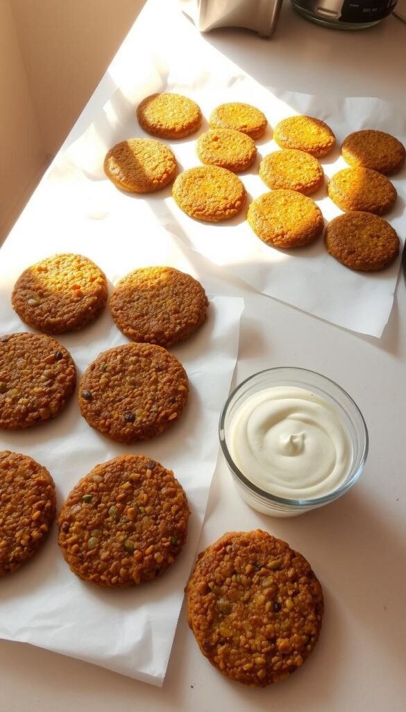 A kitchen counter with a clean, light-colored surface. On the counter, several lentil patties are arranged in neat rows, each one perfectly formed and glistening with a light coating of oil. The patties are placed on a sheet of parchment paper, ready to be stored for future meal prep. Beside them, a small glass container filled with a creamy, swirled yogurt sauce stands ready to accompany the patties. The scene is bathed in warm, natural lighting, highlighting the vibrant colors and textures of the lentil patties and the smooth, inviting sauce. The overall atmosphere is one of organization, preparation, and the promise of a delicious, healthy meal to come. A kitchen counter with a clean, light-colored surface. On the counter, several lentil patties are arranged in neat rows, each one perfectly formed and glistening with a light coating of oil. The patties are placed on a sheet of parchment paper, ready to be stored for future meal prep. Beside them, a small glass container filled with a creamy, swirled yogurt sauce stands ready to accompany the patties. The scene is bathed in warm, natural lighting, highlighting the vibrant colors and textures of the lentil patties and the smooth, inviting sauce. The overall atmosphere is one of organization, preparation, and the promise of a delicious, healthy meal to come.