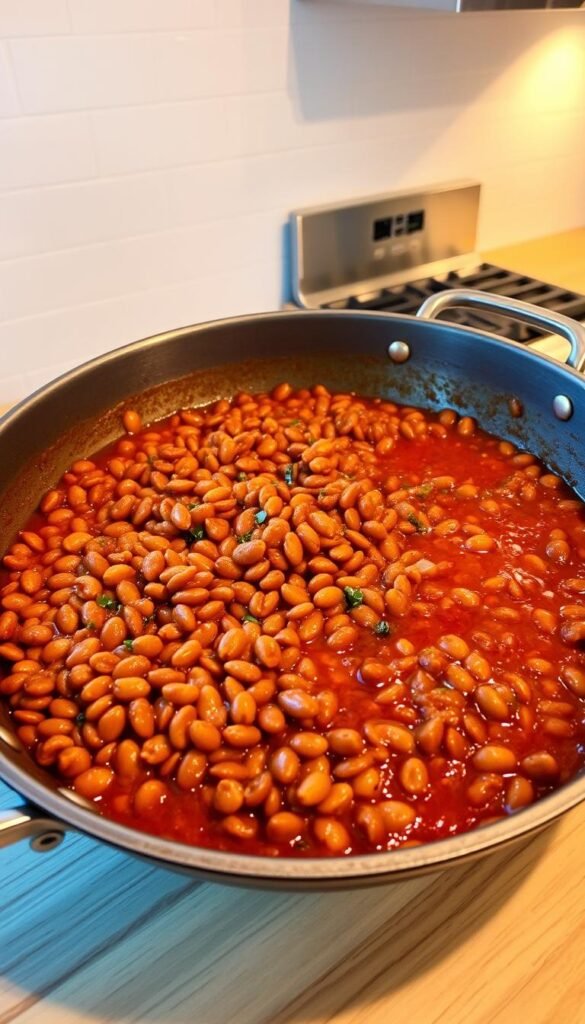A large skillet on a wooden kitchen counter, filled with simmering brown lentils in a rich, fragrant tomato-based sauce. Sautéed onions, garlic, and spices like cumin, chili powder, and oregano create a bold, southwestern flavor. Warm lighting from overhead casts a cozy glow, highlighting the textures of the lentils and the glossy surface of the sauce. In the background, a clean white tile backsplash and stainless steel appliances provide a modern, minimalist contrast. The scene conveys the delicious aroma and hearty, comforting nature of the lentil taco filling, ready to be assembled into a satisfying Lentil Taco dish. A large skillet on a wooden kitchen counter, filled with simmering brown lentils in a rich, fragrant tomato-based sauce. Sautéed onions, garlic, and spices like cumin, chili powder, and oregano create a bold, southwestern flavor. Warm lighting from overhead casts a cozy glow, highlighting the textures of the lentils and the glossy surface of the sauce. In the background, a clean white tile backsplash and stainless steel appliances provide a modern, minimalist contrast. The scene conveys the delicious aroma and hearty, comforting nature of the lentil taco filling, ready to be assembled into a satisfying Lentil Taco dish.