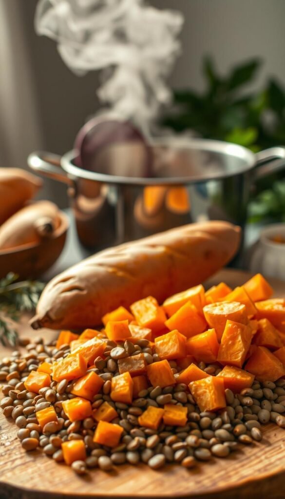A lush, natural composition showcasing the preparation of sweet potatoes and lentils. In the foreground, a wooden cutting board displays freshly washed and diced sweet potatoes, their vibrant orange hues accentuated by warm, soft lighting from an overhead source. Beside them, a heap of earthy brown lentils spills out, ready to be measured and added to the stew. In the middle ground, a saucepan simmers gently, steam rising to create an inviting, cozy atmosphere. The background is blurred, drawing the viewer's focus to the featured ingredients and their careful preparation, conveying a sense of thoughtful, nourishing cuisine. A lush, natural composition showcasing the preparation of sweet potatoes and lentils. In the foreground, a wooden cutting board displays freshly washed and diced sweet potatoes, their vibrant orange hues accentuated by warm, soft lighting from an overhead source. Beside them, a heap of earthy brown lentils spills out, ready to be measured and added to the stew. In the middle ground, a saucepan simmers gently, steam rising to create an inviting, cozy atmosphere. The background is blurred, drawing the viewer's focus to the featured ingredients and their careful preparation, conveying a sense of thoughtful, nourishing cuisine.