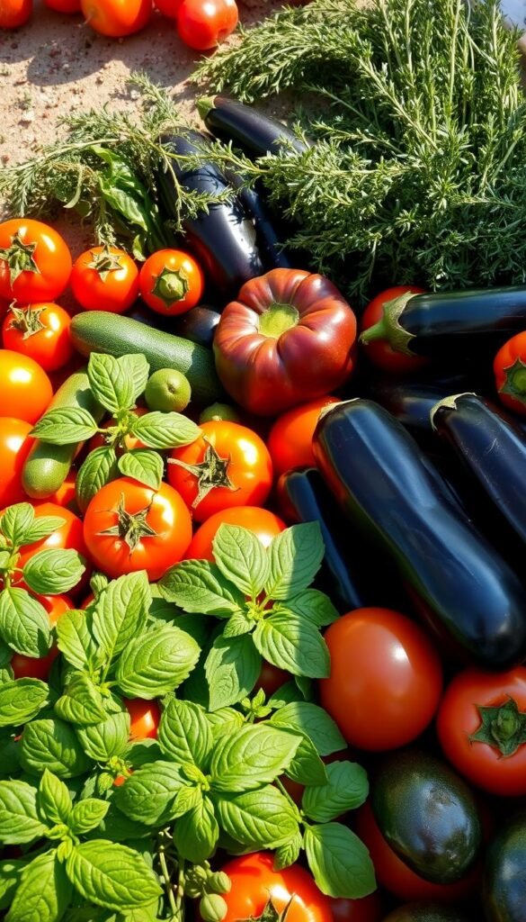 A lush, sun-drenched arrangement of fresh Mediterranean vegetables and herbs. In the foreground, vibrant tomatoes, crisp cucumbers, and fragrant basil leaves. In the middle ground, purple eggplants, zucchini, and bell peppers arranged in an artful display. In the background, a scattering of oregano, thyme, and rosemary sprigs, their verdant hues complementing the overall palette. The lighting is soft and natural, casting gentle shadows and highlighting the produce's textures. Captured with a wide-angle lens to showcase the bounty, this image evokes the essence of a Mediterranean kitchen garden, brimming with the flavors and aromas of the region. A lush, sun-drenched arrangement of fresh Mediterranean vegetables and herbs. In the foreground, vibrant tomatoes, crisp cucumbers, and fragrant basil leaves. In the middle ground, purple eggplants, zucchini, and bell peppers arranged in an artful display. In the background, a scattering of oregano, thyme, and rosemary sprigs, their verdant hues complementing the overall palette. The lighting is soft and natural, casting gentle shadows and highlighting the produce's textures. Captured with a wide-angle lens to showcase the bounty, this image evokes the essence of a Mediterranean kitchen garden, brimming with the flavors and aromas of the region.