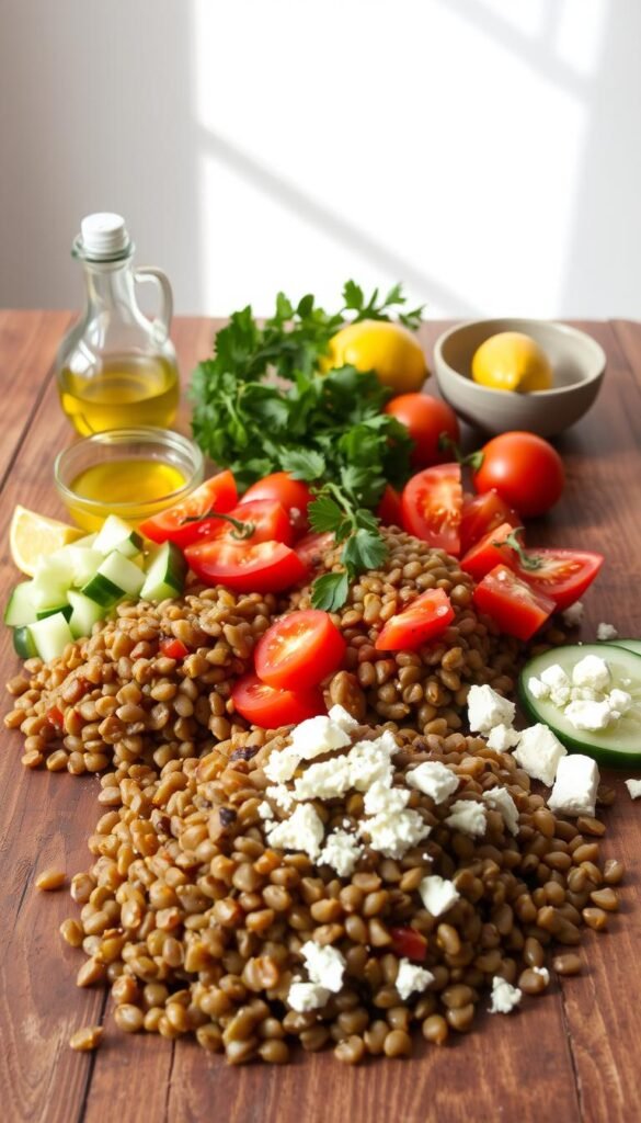 A neatly arranged composition of lentils, fresh vegetables, and various seasonings on a rustic wooden table. In the foreground, a pile of cooked lentils, diced tomatoes, sliced cucumbers, and crumbled feta cheese. In the middle ground, a small bowl of olive oil, a sprig of fresh herbs, and a lemon wedge. The background features a simple, minimalist setting with natural lighting flooding the scene, creating a warm and inviting atmosphere. The overall image conveys the essential ingredients and preparation steps for crafting a delectable lentil salad. A neatly arranged composition of lentils, fresh vegetables, and various seasonings on a rustic wooden table. In the foreground, a pile of cooked lentils, diced tomatoes, sliced cucumbers, and crumbled feta cheese. In the middle ground, a small bowl of olive oil, a sprig of fresh herbs, and a lemon wedge. The background features a simple, minimalist setting with natural lighting flooding the scene, creating a warm and inviting atmosphere. The overall image conveys the essential ingredients and preparation steps for crafting a delectable lentil salad.