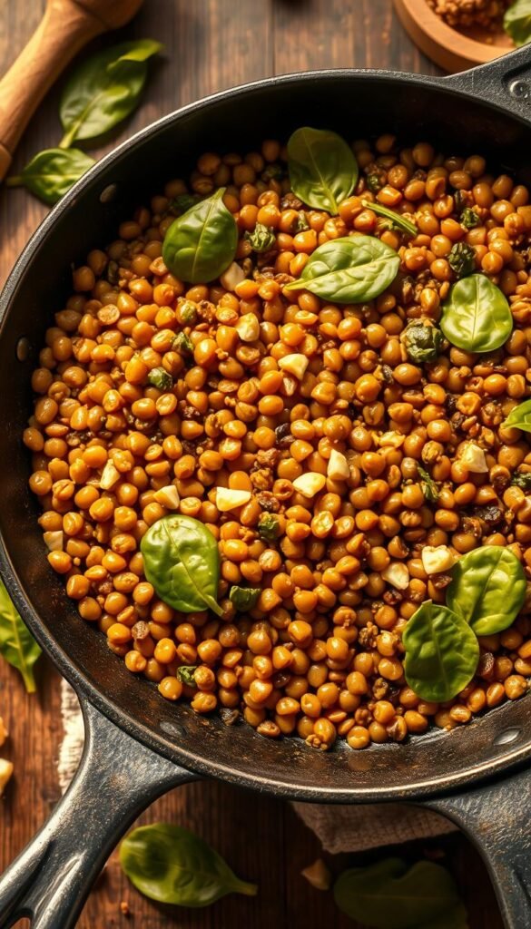 A neatly arranged composition of sautéed lentils in a cast-iron skillet, with vibrant spinach leaves and minced garlic cloves scattered throughout. The scene is bathed in warm, golden lighting, casting a cozy and inviting atmosphere. The lentils are glistening with a slight sheen, and the spinach leaves appear fresh and vibrant. The skillet is set on a rustic wooden surface, surrounded by simple kitchen tools and ingredients, hinting at the homemade and wholesome nature of the dish. The overall scene conveys a sense of simplicity, comfort, and the delicious aroma of sautéed lentils with garlic and spinach. A neatly arranged composition of sautéed lentils in a cast-iron skillet, with vibrant spinach leaves and minced garlic cloves scattered throughout. The scene is bathed in warm, golden lighting, casting a cozy and inviting atmosphere. The lentils are glistening with a slight sheen, and the spinach leaves appear fresh and vibrant. The skillet is set on a rustic wooden surface, surrounded by simple kitchen tools and ingredients, hinting at the homemade and wholesome nature of the dish. The overall scene conveys a sense of simplicity, comfort, and the delicious aroma of sautéed lentils with garlic and spinach.