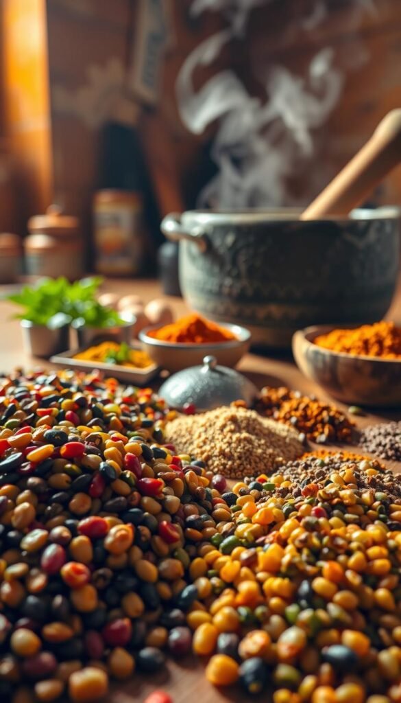 A neatly arranged kitchen counter, bathed in warm, soft lighting. In the foreground, an assortment of lentils, their vibrant hues and varying textures artfully displayed. Alongside, a collection of aromatic spices, their colors and shapes creating a visually captivating display. In the middle ground, a mortar and pestle, its rough-hewn surface ready to grind the spices, releasing their fragrant essence. In the background, a simmering pot, steam gently rising, hinting at the delicious dish to come. The overall scene conveys a sense of culinary preparation, with a focus on the careful, deliberate steps involved in crafting a flavorful lentil-based meal. A neatly arranged kitchen counter, bathed in warm, soft lighting. In the foreground, an assortment of lentils, their vibrant hues and varying textures artfully displayed. Alongside, a collection of aromatic spices, their colors and shapes creating a visually captivating display. In the middle ground, a mortar and pestle, its rough-hewn surface ready to grind the spices, releasing their fragrant essence. In the background, a simmering pot, steam gently rising, hinting at the delicious dish to come. The overall scene conveys a sense of culinary preparation, with a focus on the careful, deliberate steps involved in crafting a flavorful lentil-based meal.
