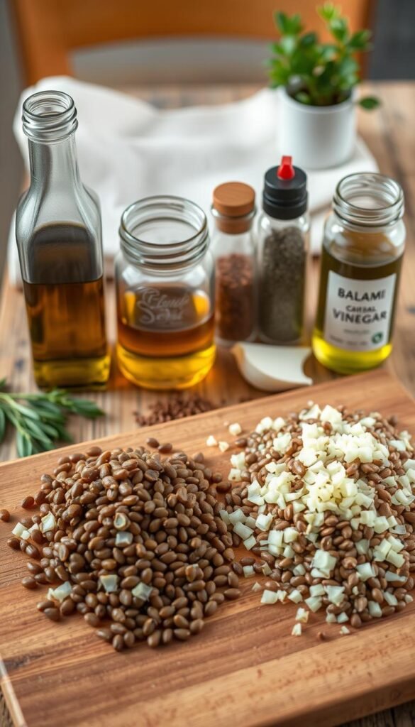 A neatly arranged still life showcasing the essential ingredients for sautéed lentils with spinach and garlic. In the foreground, a cutting board displays diced onions, minced garlic, and a pile of rinsed and dried lentils. In the middle ground, glass jars contain olive oil, balsamic vinegar, and a selection of spices like cumin, paprika, and dried thyme. The background features a rustic wooden table with a linen napkin and a small potted plant, creating a warm, inviting atmosphere. The lighting is soft and natural, highlighting the textures and colors of the ingredients. The overall composition conveys a sense of culinary preparation and the promise of a delicious, nutritious meal. A neatly arranged still life showcasing the essential ingredients for sautéed lentils with spinach and garlic. In the foreground, a cutting board displays diced onions, minced garlic, and a pile of rinsed and dried lentils. In the middle ground, glass jars contain olive oil, balsamic vinegar, and a selection of spices like cumin, paprika, and dried thyme. The background features a rustic wooden table with a linen napkin and a small potted plant, creating a warm, inviting atmosphere. The lighting is soft and natural, highlighting the textures and colors of the ingredients. The overall composition conveys a sense of culinary preparation and the promise of a delicious, nutritious meal.