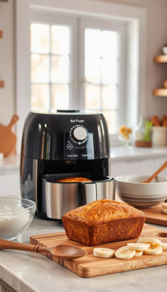 A neatly organized kitchen counter with a modern air fryer, a freshly baked banana bread loaf, and an array of cooking utensils and ingredients. The warm, golden-brown crust of the bread is highlighted by soft, diffused lighting from a large window, casting a cozy, inviting atmosphere. The air fryer sits prominently, its sleek, stainless steel exterior gleaming. On the counter, a mixing bowl, a wooden spoon, and a cutting board with sliced bananas create a sense of the recipe's preparation. The background is blurred, maintaining the focus on the central elements of the air fryer and the freshly baked banana bread. A neatly organized kitchen counter with a modern air fryer, a freshly baked banana bread loaf, and an array of cooking utensils and ingredients. The warm, golden-brown crust of the bread is highlighted by soft, diffused lighting from a large window, casting a cozy, inviting atmosphere. The air fryer sits prominently, its sleek, stainless steel exterior gleaming. On the counter, a mixing bowl, a wooden spoon, and a cutting board with sliced bananas create a sense of the recipe's preparation. The background is blurred, maintaining the focus on the central elements of the air fryer and the freshly baked banana bread.