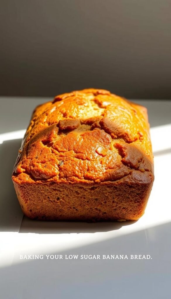 A perfectly baked loaf of air fryer banana bread, its golden-brown crust glistening under soft, directional lighting. The bread's texture is moist and tender, with visible flecks of banana throughout. The loaf is positioned on a clean, white surface, casting subtle shadows that accentuate its form. The camera captures the scene from a slightly elevated angle, showcasing the bread's appealing, homemade appearance. The overall mood is warm, inviting, and appetizing, perfectly suited to illustrate the "Baking Your Low Sugar Banana Bread" section of the article. A perfectly baked loaf of air fryer banana bread, its golden-brown crust glistening under soft, directional lighting. The bread's texture is moist and tender, with visible flecks of banana throughout. The loaf is positioned on a clean, white surface, casting subtle shadows that accentuate its form. The camera captures the scene from a slightly elevated angle, showcasing the bread's appealing, homemade appearance. The overall mood is warm, inviting, and appetizing, perfectly suited to illustrate the "Baking Your Low Sugar Banana Bread" section of the article.