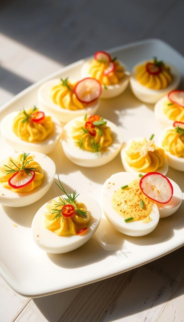 A plate of freshly prepared deviled eggs, garnished with a vibrant array of toppings. The eggs, halved and filled with a creamy, seasoned yolk mixture, are arranged neatly on a crisp, white serving dish. Atop each egg, delicate sprigs of dill, a dusting of paprika, and thin slices of radish or chives add pops of color and texture, creating a visually appealing and appetizing presentation. The lighting is soft and natural, casting gentle shadows that highlight the tactile quality of the dish. The overall mood is one of culinary elegance and attention to detail, inviting the viewer to imagine the satisfying, zesty flavors of these gourmet deviled eggs. A plate of freshly prepared deviled eggs, garnished with a vibrant array of toppings. The eggs, halved and filled with a creamy, seasoned yolk mixture, are arranged neatly on a crisp, white serving dish. Atop each egg, delicate sprigs of dill, a dusting of paprika, and thin slices of radish or chives add pops of color and texture, creating a visually appealing and appetizing presentation. The lighting is soft and natural, casting gentle shadows that highlight the tactile quality of the dish. The overall mood is one of culinary elegance and attention to detail, inviting the viewer to imagine the satisfying, zesty flavors of these gourmet deviled eggs.