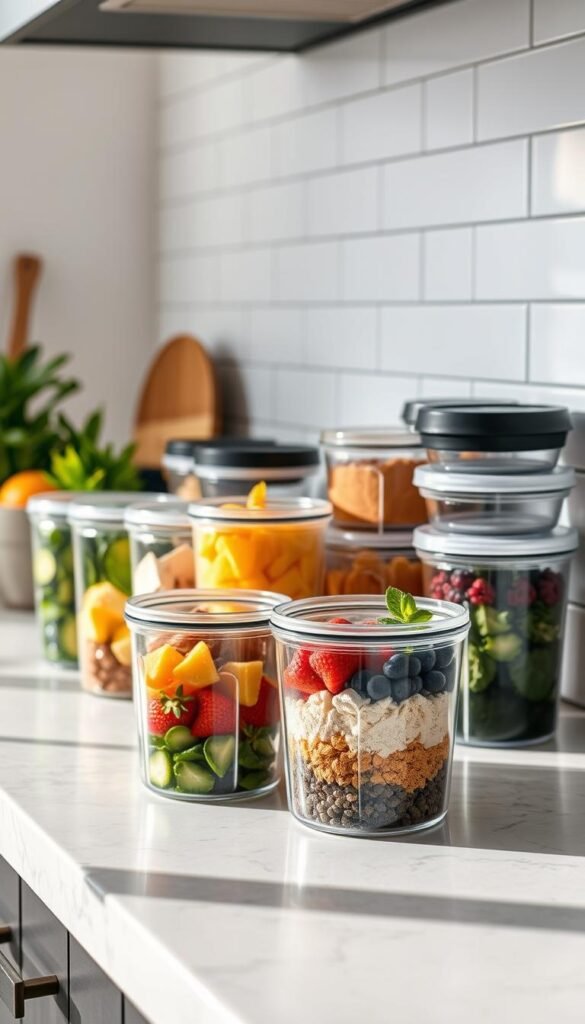 A sleek, modern kitchen counter with a neatly arranged display of smoothie meal prep containers in various sizes and shapes. The containers are made of durable, transparent glass or BPA-free plastic, allowing the vibrant colors of the smoothie ingredients to shine through. In the foreground, a few open containers reveal meticulously layered smoothie ingredients, from fresh fruits and vegetables to protein powders and superfoods. The lighting is soft and natural, casting a warm glow on the scene and highlighting the textures and details of the containers. In the background, a minimalist, white-tiled wall provides a clean, uncluttered backdrop, emphasizing the organizational and practical nature of the smoothie meal prep setup.