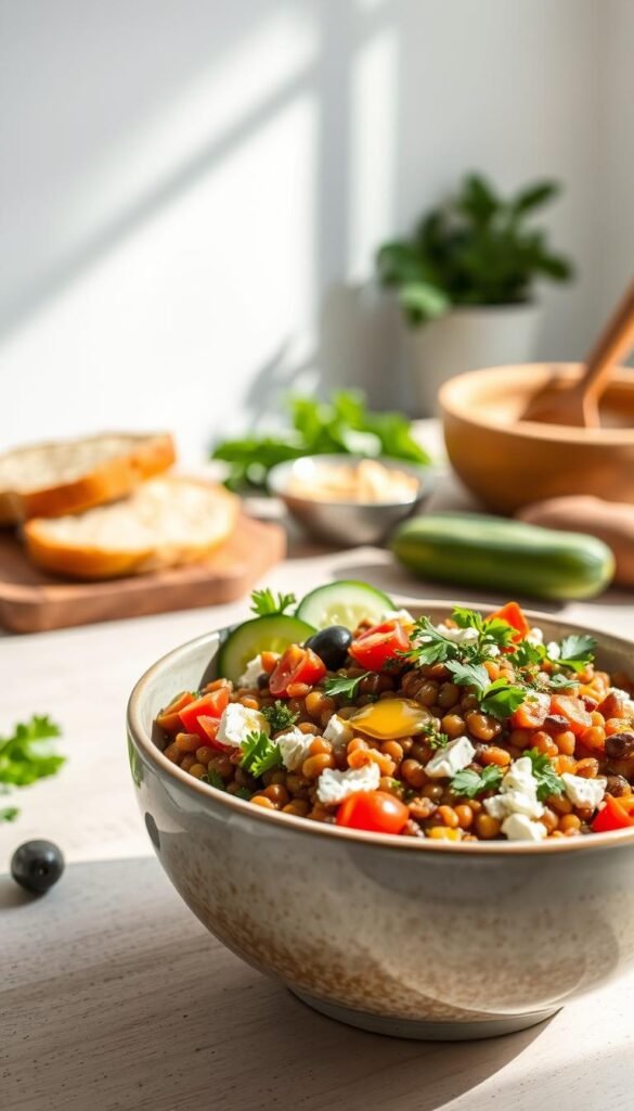 A visually appealing Mediterranean lentil bowl set against a bright, airy kitchen backdrop. In the foreground, the bowl is filled with vibrant lentils, diced tomatoes, crumbled feta, and fresh herbs like parsley and oregano. Sliced cucumbers, olives, and a drizzle of olive oil accent the dish. The middle ground features a wooden board with slices of crusty bread and a small dish of hummus. Soft, directional lighting casts warm shadows, creating a cozy, inviting atmosphere. The overall composition highlights the fresh, healthy ingredients and diverse serving suggestions for this nourishing Mediterranean-inspired meal. A visually appealing Mediterranean lentil bowl set against a bright, airy kitchen backdrop. In the foreground, the bowl is filled with vibrant lentils, diced tomatoes, crumbled feta, and fresh herbs like parsley and oregano. Sliced cucumbers, olives, and a drizzle of olive oil accent the dish. The middle ground features a wooden board with slices of crusty bread and a small dish of hummus. Soft, directional lighting casts warm shadows, creating a cozy, inviting atmosphere. The overall composition highlights the fresh, healthy ingredients and diverse serving suggestions for this nourishing Mediterranean-inspired meal.