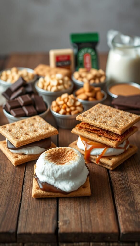 A visually appealing assortment of customizable s'mores variations on a rustic wooden table. In the foreground, three distinct s'mores creations: a classic graham cracker sandwich with lightly toasted marshmallow and rich chocolate, a deconstructed s'more with graham cracker crumbs, a gooey marshmallow, and a drizzle of dark chocolate sauce, and an innovative twist featuring a crisp, golden-brown air-fried marshmallow nestled between cinnamon-sugar dusted graham crackers. In the middle ground, an array of toppings and mix-ins, such as crushed peanuts, toasted coconut flakes, caramel drizzle, and flavored chocolate bars. The background is softly blurred, evoking a warm, cozy atmosphere perfect for this delightful dessert. A visually appealing assortment of customizable s'mores variations on a rustic wooden table. In the foreground, three distinct s'mores creations: a classic graham cracker sandwich with lightly toasted marshmallow and rich chocolate, a deconstructed s'more with graham cracker crumbs, a gooey marshmallow, and a drizzle of dark chocolate sauce, and an innovative twist featuring a crisp, golden-brown air-fried marshmallow nestled between cinnamon-sugar dusted graham crackers. In the middle ground, an array of toppings and mix-ins, such as crushed peanuts, toasted coconut flakes, caramel drizzle, and flavored chocolate bars. The background is softly blurred, evoking a warm, cozy atmosphere perfect for this delightful dessert.