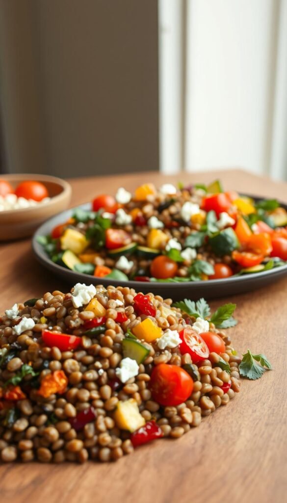 A visually appealing lentil salad with an assortment of roasted vegetables, captured in a warm, natural light. In the foreground, a vibrant medley of lentils, roasted bell peppers, zucchini, and cherry tomatoes, neatly arranged on a wooden table. In the middle ground, a scattering of toasted pine nuts and crumbled feta cheese, adding texture and depth. The background features a simple, minimalist setting, with a neutral-toned wall or backdrop, allowing the colors and textures of the salad to take center stage. The overall scene conveys a sense of wholesome, rustic elegance, inviting the viewer to savor the flavors and nutritional benefits of this nourishing dish. A visually appealing lentil salad with an assortment of roasted vegetables, captured in a warm, natural light. In the foreground, a vibrant medley of lentils, roasted bell peppers, zucchini, and cherry tomatoes, neatly arranged on a wooden table. In the middle ground, a scattering of toasted pine nuts and crumbled feta cheese, adding texture and depth. The background features a simple, minimalist setting, with a neutral-toned wall or backdrop, allowing the colors and textures of the salad to take center stage. The overall scene conveys a sense of wholesome, rustic elegance, inviting the viewer to savor the flavors and nutritional benefits of this nourishing dish.