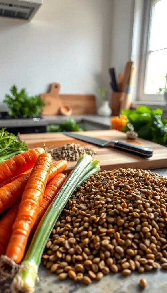 A well-lit kitchen counter with an assortment of freshly washed vegetables arranged in the foreground, including plump carrots, crisp celery stalks, and earthy lentils. In the middle ground, a large wooden cutting board and sharp chef's knife, ready for precise dicing and slicing. The background features a clean, minimalist backsplash, hinting at the clean, wholesome nature of the dish to come. Soft, natural lighting from a nearby window casts a warm glow over the scene, emphasizing the vibrant colors and textures of the produce. An atmosphere of culinary focus and preparation, setting the stage for a hearty, homemade lentil soup. A well-lit kitchen counter with an assortment of freshly washed vegetables arranged in the foreground, including plump carrots, crisp celery stalks, and earthy lentils. In the middle ground, a large wooden cutting board and sharp chef's knife, ready for precise dicing and slicing. The background features a clean, minimalist backsplash, hinting at the clean, wholesome nature of the dish to come. Soft, natural lighting from a nearby window casts a warm glow over the scene, emphasizing the vibrant colors and textures of the produce. An atmosphere of culinary focus and preparation, setting the stage for a hearty, homemade lentil soup.