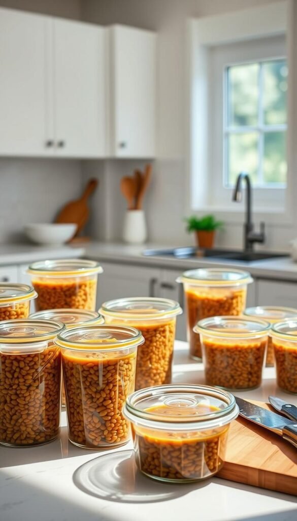 A well-lit kitchen counter with an assortment of glass storage containers filled with lentil soup. The containers have airtight lids, arranged neatly in the foreground. In the middle ground, a cutting board with a knife and some fresh herbs, suggesting the process of preparing the soup for storage. The background features a clean, minimalist kitchen with a window providing natural lighting, creating a calm and organized atmosphere. The image conveys a sense of efficiency and attention to food preservation, complementing the "Storage and Reheating Guidelines" section of the article. A well-lit kitchen counter with an assortment of glass storage containers filled with lentil soup. The containers have airtight lids, arranged neatly in the foreground. In the middle ground, a cutting board with a knife and some fresh herbs, suggesting the process of preparing the soup for storage. The background features a clean, minimalist kitchen with a window providing natural lighting, creating a calm and organized atmosphere. The image conveys a sense of efficiency and attention to food preservation, complementing the "Storage and Reheating Guidelines" section of the article.