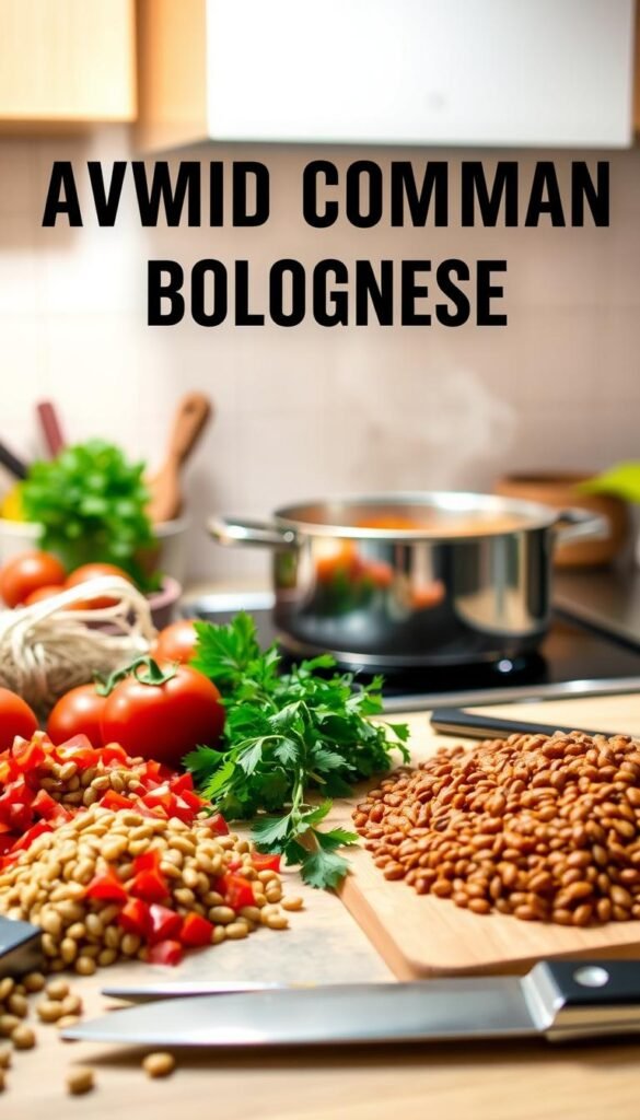A well-lit kitchen countertop, with a selection of fresh lentils, diced tomatoes, herbs, and spices arranged artfully. In the foreground, a chef's knife and cutting board, hinting at the preparation process. In the middle ground, a simmering pot of lentil bolognese sauce, the steam gently rising, capturing the aroma. The background features a clean, minimalist tiled wall, providing a neutral canvas to highlight the culinary focus. The lighting is warm and inviting, emphasizing the homemade, rustic nature of the dish. The overall mood is one of culinary expertise and attention to detail, showcasing the key elements to avoid common mistakes when making a delicious lentil bolognese. A well-lit kitchen countertop, with a selection of fresh lentils, diced tomatoes, herbs, and spices arranged artfully. In the foreground, a chef's knife and cutting board, hinting at the preparation process. In the middle ground, a simmering pot of lentil bolognese sauce, the steam gently rising, capturing the aroma. The background features a clean, minimalist tiled wall, providing a neutral canvas to highlight the culinary focus. The lighting is warm and inviting, emphasizing the homemade, rustic nature of the dish. The overall mood is one of culinary expertise and attention to detail, showcasing the key elements to avoid common mistakes when making a delicious lentil bolognese.