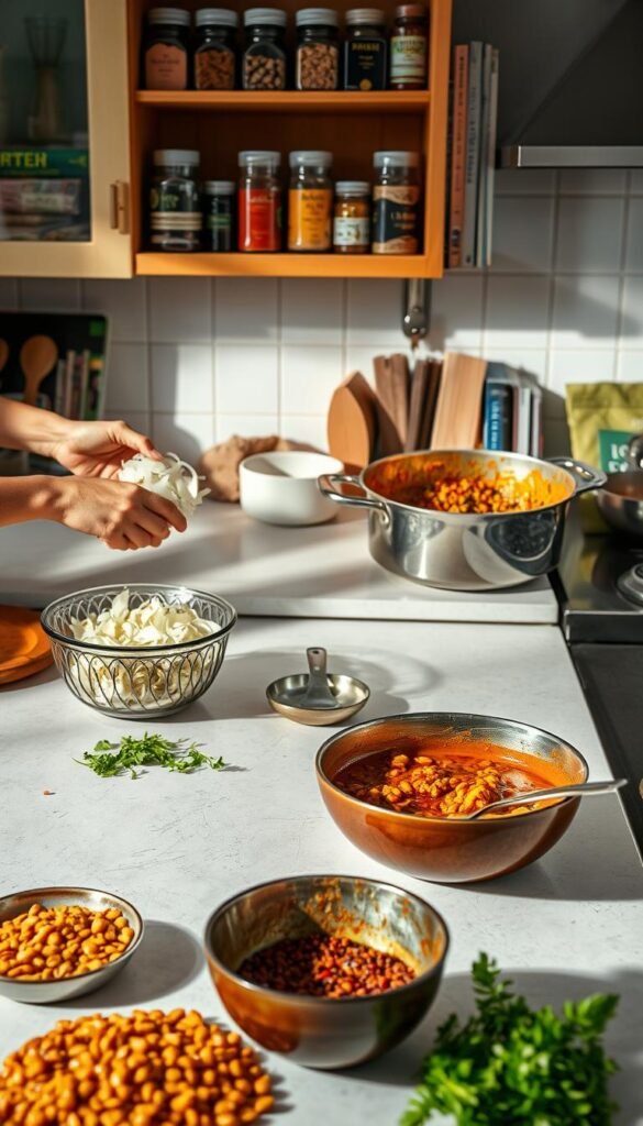 A well-lit kitchen countertop with various lentil curry preparation techniques in the foreground. In the middle ground, a chef's hands skillfully chopping onions, simmering a pot of fragrant lentil curry, and carefully measuring spices. In the background, a neatly organized spice rack and cookbooks provide a sense of culinary expertise. The lighting is soft and natural, enhancing the textures of the ingredients and the focus on the essential cooking steps. The overall mood is one of calm, control, and attention to detail, conveying the importance of avoiding common mistakes when preparing a delicious lentil curry. A well-lit kitchen countertop with various lentil curry preparation techniques in the foreground. In the middle ground, a chef's hands skillfully chopping onions, simmering a pot of fragrant lentil curry, and carefully measuring spices. In the background, a neatly organized spice rack and cookbooks provide a sense of culinary expertise. The lighting is soft and natural, enhancing the textures of the ingredients and the focus on the essential cooking steps. The overall mood is one of calm, control, and attention to detail, conveying the importance of avoiding common mistakes when preparing a delicious lentil curry.