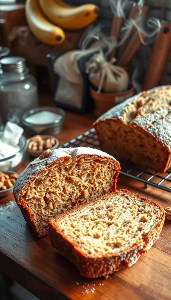 Banana bread ingredients neatly arranged on a wooden kitchen counter, bathed in warm, natural lighting. Freshly baked loaf cooling, steam gently rising. Sliced open, revealing a moist, golden crumb. Walnuts, cinnamon, and a dusting of powdered sugar adding texture and aroma. The scene exudes a cozy, homemade atmosphere, inviting the viewer to imagine the delicious, wholesome flavors. Captured at a slight angle, the image showcases the baked goods in an appetizing, professional-grade presentation.