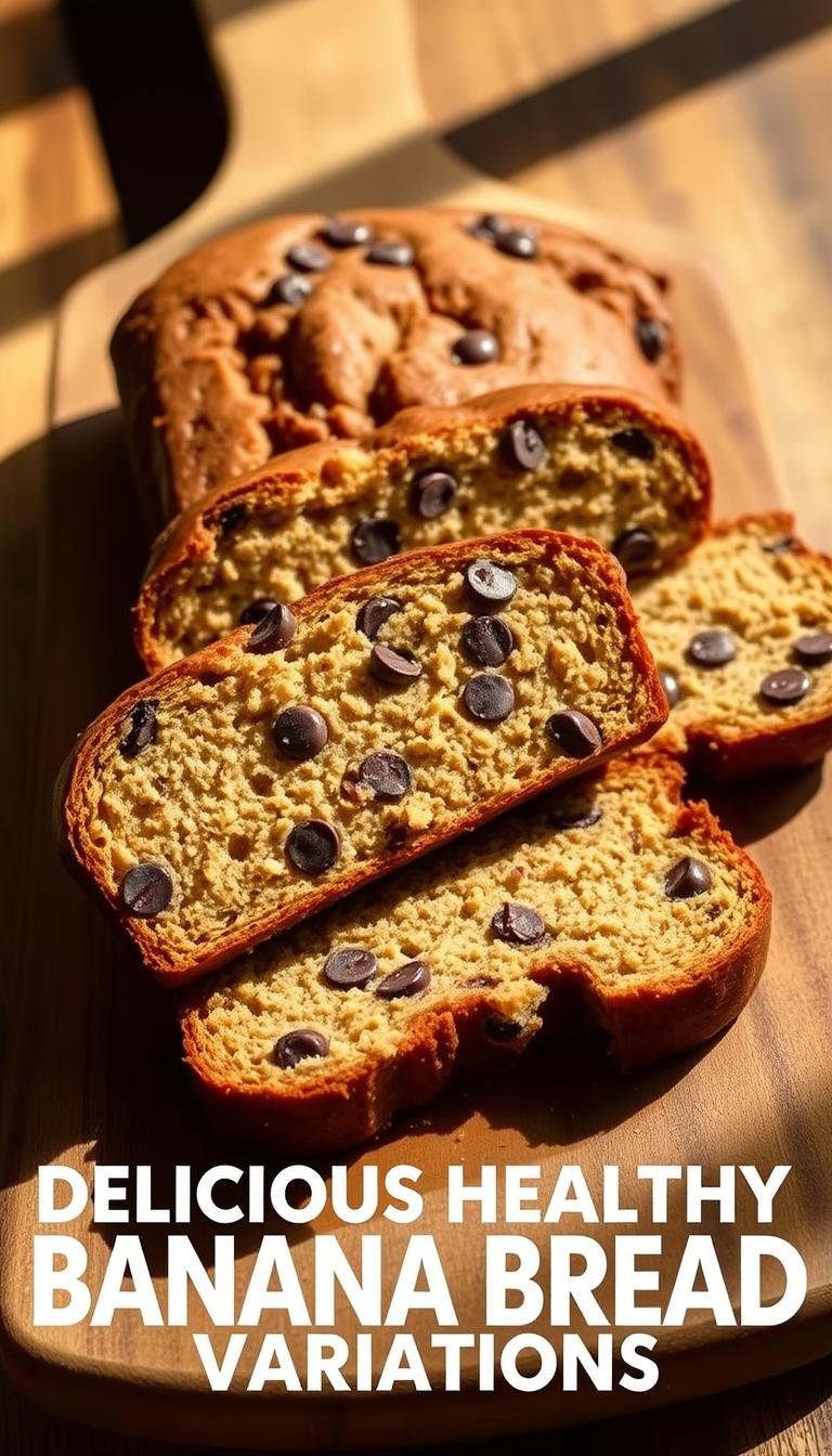 Delectable, freshly baked banana bread variations, each slice showcasing a harmonious blend of golden-brown crumb, gooey chocolate chips, and a subtle sweetness. The bread is arranged artfully on a rustic wooden board, casting soft shadows that accentuate its tempting texture. Warm, natural lighting filters through the scene, creating a cozy, inviting atmosphere. The composition is balanced, with the banana bread taking center stage, surrounded by a minimalist background that allows the focus to remain on the delicious variations. The image captures the essence of a healthier, homemade approach to this classic comfort food, perfectly suited to illustrate the "Delicious Healthy Banana Bread Variations" section of the "Air Fryer Healthy Banana Bread" article.