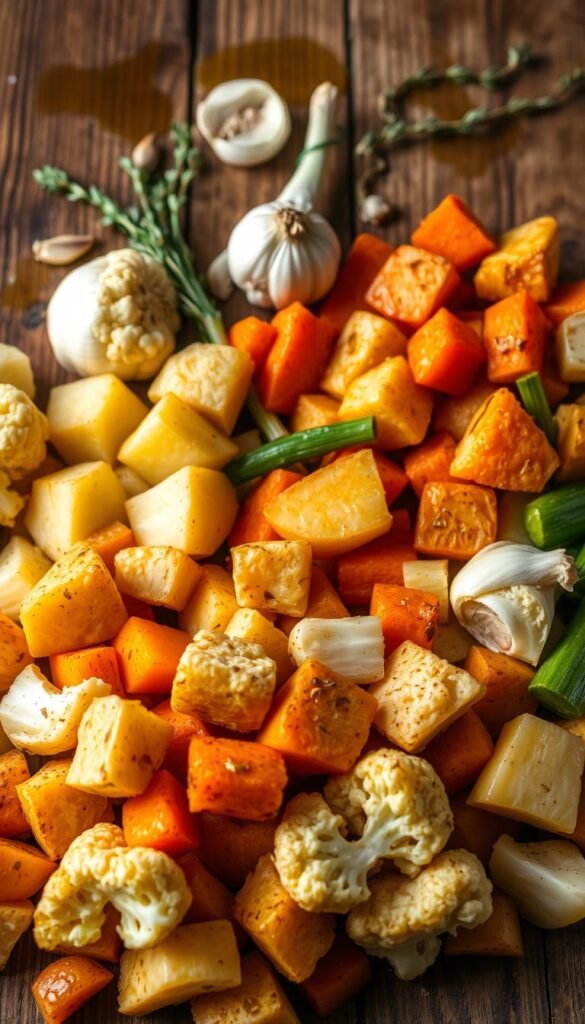 A bountiful arrangement of freshly roasted vegetables, meticulously prepared for a hearty and creamy cauliflower and leek soup. In the foreground, golden-brown chunks of roasted cauliflower, carrots, and potatoes glisten under the warm, soft lighting. In the middle ground, sliced leeks and garlic mingle, their aroma infusing the scene. The background features a rustic wooden table, its surface adorned with sprigs of fragrant thyme and a drizzle of rich olive oil. The overall mood is one of earthy, comforting simplicity, perfectly capturing the essence of the step-by-step cooking process for this nourishing and delicious soup. A bountiful arrangement of freshly roasted vegetables, meticulously prepared for a hearty and creamy cauliflower and leek soup. In the foreground, golden-brown chunks of roasted cauliflower, carrots, and potatoes glisten under the warm, soft lighting. In the middle ground, sliced leeks and garlic mingle, their aroma infusing the scene. The background features a rustic wooden table, its surface adorned with sprigs of fragrant thyme and a drizzle of rich olive oil. The overall mood is one of earthy, comforting simplicity, perfectly capturing the essence of the step-by-step cooking process for this nourishing and delicious soup.
