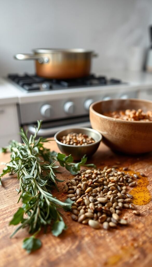A close-up view of a wooden cutting board, showcasing various flavor-enhancing techniques for a lentil stew. In the foreground, a handful of freshly chopped herbs, including fragrant rosemary, thyme, and bay leaves, are arranged neatly. In the middle ground, a small bowl of toasted spices, such as cumin, coriander, and mustard seeds, sits next to a drizzle of rich, fragrant olive oil. In the background, a steaming pot of lentil stew simmers on a minimalist, modern stove, its aroma filling the cozy, well-lit kitchen. The overall scene conveys a sense of culinary expertise and the pursuit of deeply flavorful, autumnal comfort food. A close-up view of a wooden cutting board, showcasing various flavor-enhancing techniques for a lentil stew. In the foreground, a handful of freshly chopped herbs, including fragrant rosemary, thyme, and bay leaves, are arranged neatly. In the middle ground, a small bowl of toasted spices, such as cumin, coriander, and mustard seeds, sits next to a drizzle of rich, fragrant olive oil. In the background, a steaming pot of lentil stew simmers on a minimalist, modern stove, its aroma filling the cozy, well-lit kitchen. The overall scene conveys a sense of culinary expertise and the pursuit of deeply flavorful, autumnal comfort food.