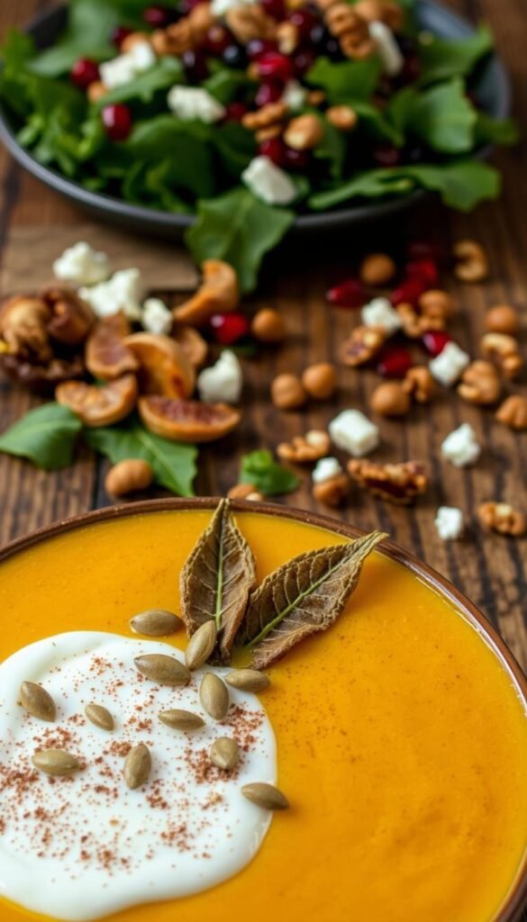 A freshly prepared pumpkin soup, garnished with a mouthwatering array of toppings, presented on a rustic wooden table. In the foreground, a dollop of creamy creme fraiche, sprinkled with toasted pumpkin seeds and a sprinkle of ground cinnamon. Scattered across the middle ground, crisp fried sage leaves, caramelized onion slices, and crumbled feta cheese. In the background, a vibrant green salad with pomegranate arils and toasted walnuts, complementing the rich and savory soup. Warm, diffused lighting casts a cozy glow, highlighting the colors and textures of this elevated pumpkin soup presentation. A freshly prepared pumpkin soup, garnished with a mouthwatering array of toppings, presented on a rustic wooden table. In the foreground, a dollop of creamy creme fraiche, sprinkled with toasted pumpkin seeds and a sprinkle of ground cinnamon. Scattered across the middle ground, crisp fried sage leaves, caramelized onion slices, and crumbled feta cheese. In the background, a vibrant green salad with pomegranate arils and toasted walnuts, complementing the rich and savory soup. Warm, diffused lighting casts a cozy glow, highlighting the colors and textures of this elevated pumpkin soup presentation.