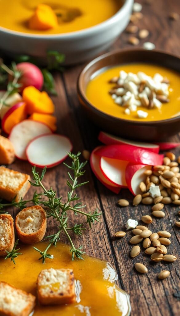 A richly textured scene of assorted garnishes for a roasted butternut squash and apple soup, artfully arranged on a rustic wooden surface. In the foreground, delicate sprigs of fresh thyme, crisp croutons, and a drizzle of fragrant pumpkin seed oil create visual interest. The middle ground features thinly sliced radish and apple slices, their vibrant colors popping against the creamy soup base. In the background, a scattering of toasted pumpkin seeds and a sprinkle of crumbled feta cheese add layers of flavor and texture. Warm, natural lighting casts a cozy glow over the scene, evoking a sense of homemade comfort and culinary creativity. A richly textured scene of assorted garnishes for a roasted butternut squash and apple soup, artfully arranged on a rustic wooden surface. In the foreground, delicate sprigs of fresh thyme, crisp croutons, and a drizzle of fragrant pumpkin seed oil create visual interest. The middle ground features thinly sliced radish and apple slices, their vibrant colors popping against the creamy soup base. In the background, a scattering of toasted pumpkin seeds and a sprinkle of crumbled feta cheese add layers of flavor and texture. Warm, natural lighting casts a cozy glow over the scene, evoking a sense of homemade comfort and culinary creativity.